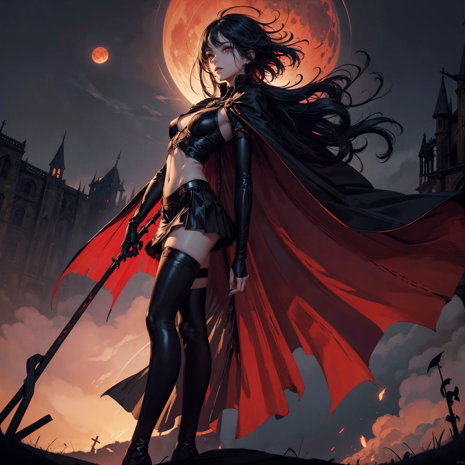 best quality, 4K, high resolution, masterpiece:1.2, Very detailed, actual:1.37, Mood lighting, An Undead Lich Girl in a long cape, Rotten skin with skeleton bones exposed, Hands and arms are only bones, Wearing a reflective rubber one-piece swimsuit and a pair of knee-high stockings, Aloofness emotion, Dangerous sneer, Cruel smile, Black Hair, Standing, Facing the camera, Crucified, Pitch black sky, Blood-red moon, strange atmosphere, Gothic style, Unforgettable beauty, Dramatic shadows, Ethereal Light, Mysterious atmosphere.