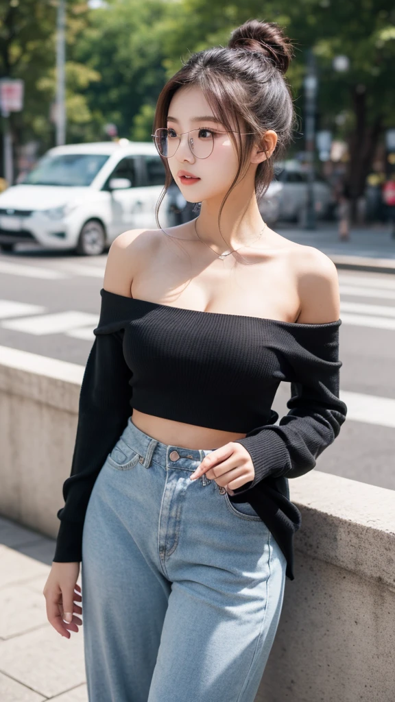 Student girl 17-year-old Hairstyle Casual, wearing off shoulder  collarbone  and casual long pants girl with Square glasses with black edges at  park 