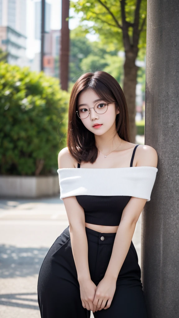 Student girl 17-year-old Hairstyle Casual, wearing off shoulder collarbone and casual long pants girl with Square glasses with black edges at park