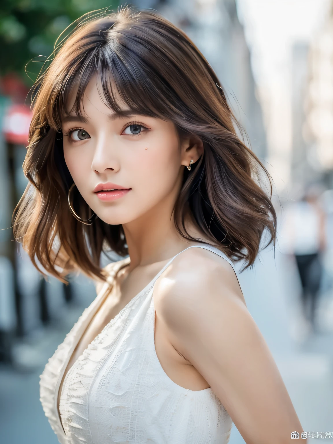 ((best quality, 8K, masterpiece: 1.3)), Key Points: 1.2, Perfect body beauty: 1.4, Hips: 1.2, ((Layered Hairstyle)), (street:1.3), White Dress: 1.1, Highly detailed face and skin textures, Beautiful eyes, Double eyelids, Skin Whitening, Long hair, (Residence: 1.3), whole body