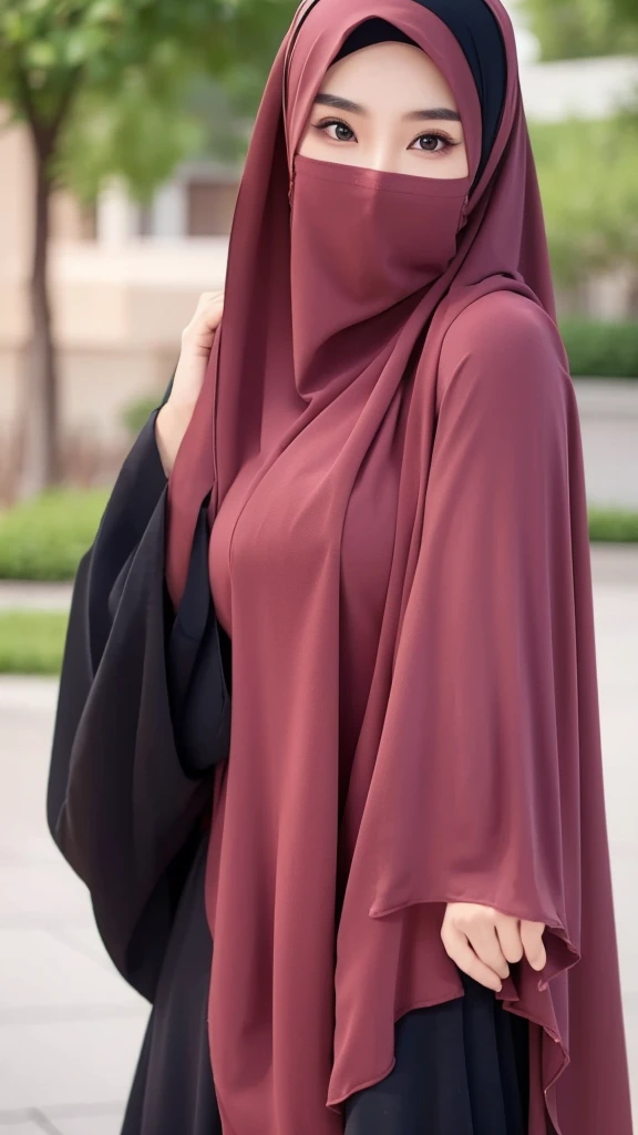 A beautiful Asian girl in a long hijab with tight and clearly visible breasts, With dark colored clothes, was Hugging herself , and good quality images