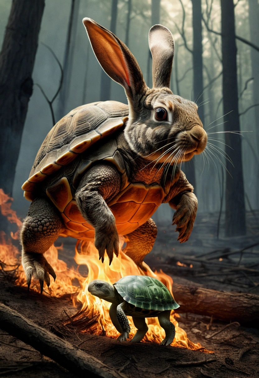 A rabbit carrying a turtle in a burning forest.