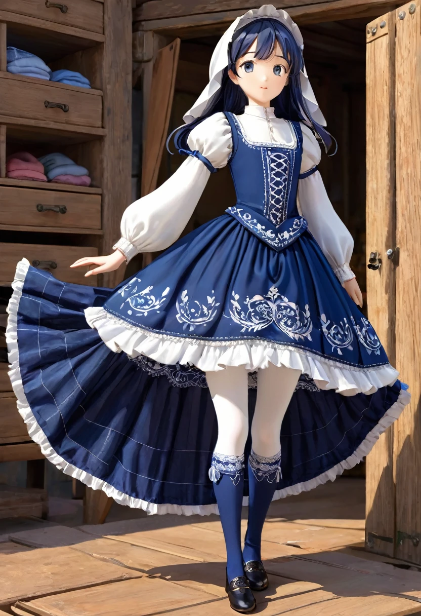 10 year old girl underwear, Realistic panties and bloomers made from patterned cotton fabric, A vibrant dark blue one-piece medieval dress with white embroidery and panniers, Fabric Realism, Low - Angle, You can see the drawer, Pull up the dress by hand, Strong winds, Translucent slip, Translucent slip, tights, Highest quality, Crotch close-up, whole body, Skirt lining
