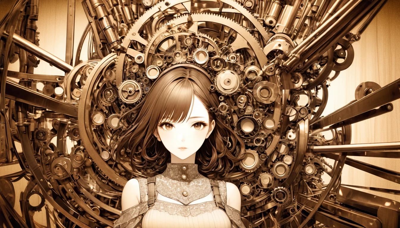 rough pencil art, beautiful woman made entirely of machinery, conceptual installation art, 2.5D, delicate and dynamic, contrast effects, gradation effects, filter effects, sepia effects