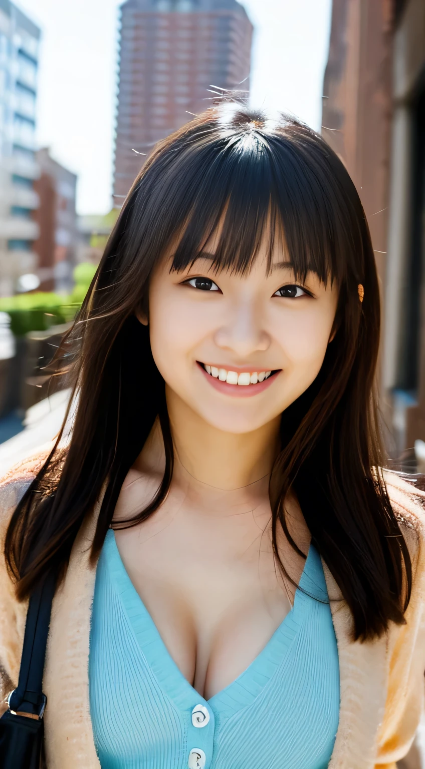 masterpiece,best quality,(Japanese ),((Beautiful girl)),cleavage,(perfect body beauty:1.2),(shy smile),beautiful teeth,(Blurred background of brick buildings),