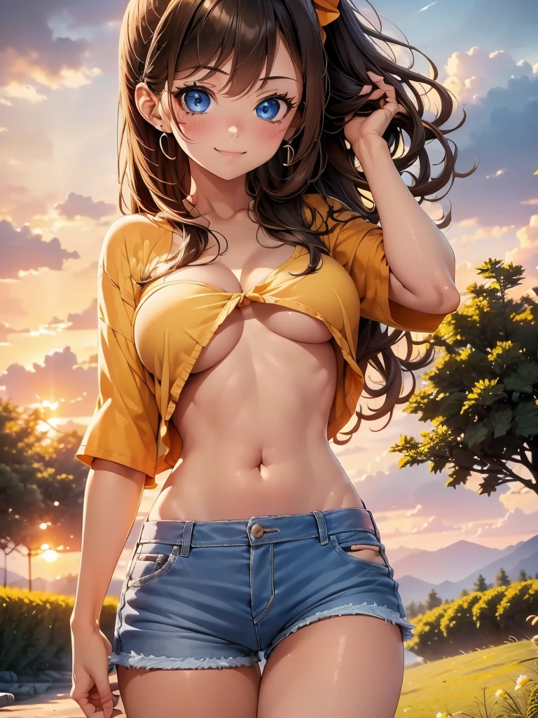 1girl, solo, beautiful girl, brunette skin, blue eyes, detailed anime style, perfect ???????, narrow waist, medium breasts, long hair, brown hair, high ponytail, blue eyes, detailed eyes, blush, earrings, strapless shirt, pink shirt, denim shorts, cleavage, navel, midriff, smile, standing, perfect hands, arm up, woods, cabin, sunset, orange sky, clouds, outdoors, underboobs, ice cream, holding ice cream, high quality, high resolution,