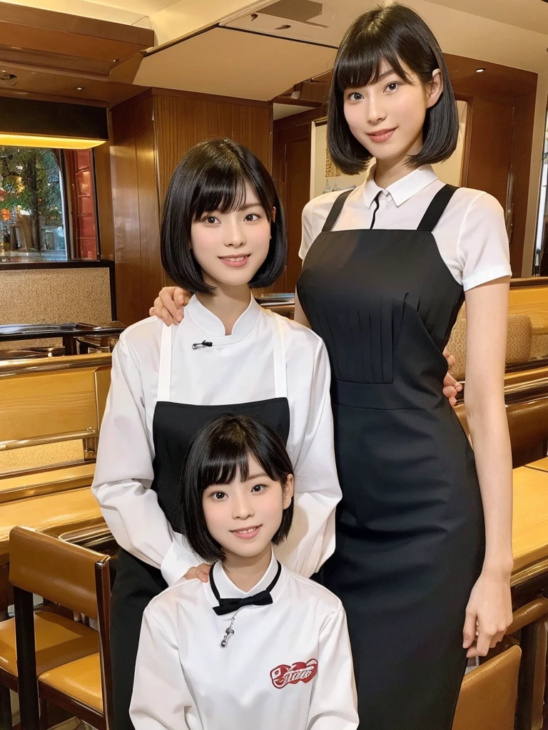 Highest quality、masterpiece、8k、Very detailed、Realistic、One person、Looking at me with a smile、whole body、Black Hair、Short Hair、Small face、Slender、Very large breasts、Thin and beautiful legs、narrow and constricted waist,、(Family Restaurant Uniforms:1.2)