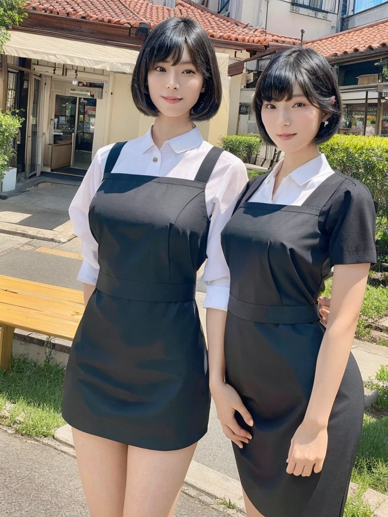 Highest quality、masterpiece、8k、Very detailed、Realistic、One person、Looking at me with a smile、whole body、Black Hair、Short Hair、Small face、Slender、Very large breasts、Thin and beautiful legs、narrow and constricted waist,、(Family Restaurant Uniforms:1.2)