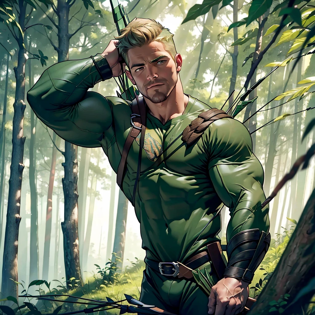 32k, high quality , detailed face , detailed fingers ,detailed muscles (((stephen amell))) as (((green arrow))) , wearing dark green forest suit , having a dark blond short hair , a thick well groomed facial hair, a bulge ,hunk and handsome, shooting with his bow and arrow toward the ennemy , with the quiver on his back full of arrows , background a lush forest and trees