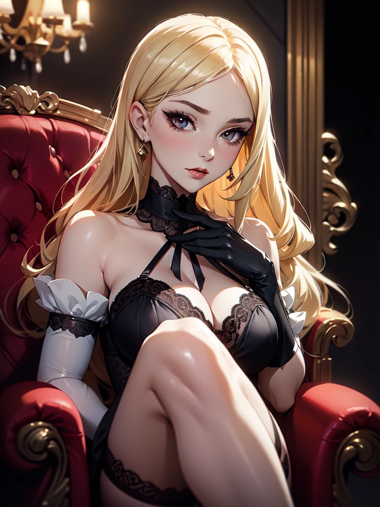 (((Portrait Photo))), She has an Enigmatic and Sensual Appearance of a Young Adult, with a Graceful and Curvaceous Build that Exudes Allure. Her Medium-Length, Ash Blonde Hair Frames Her Delicate Face, Softly Highlighting Her High Cheekbones. Her Large, Golden Eyes are Luminous and Filled with a Mysterious Depth, Accentuated by Her Long, Dark Lashes. She is Dressed in an Elegant, Black Lace Lingerie Set that Contrasts Strikingly with Her Pale Skin, and Paired with Long, White Satin Gloves and Stockings. Her Expression is Intimate and Thoughtful, with a Slight Flush on Her Cheeks, Conveying a Sense of Vulnerability and Deep Reflection. She Sits with Poise on a Plush Red Armchair, Adding an Air of Sophistication and Old-World Glamour to Her Presence. (((High Quality, Dark Background))), (((Portrait Photo)))