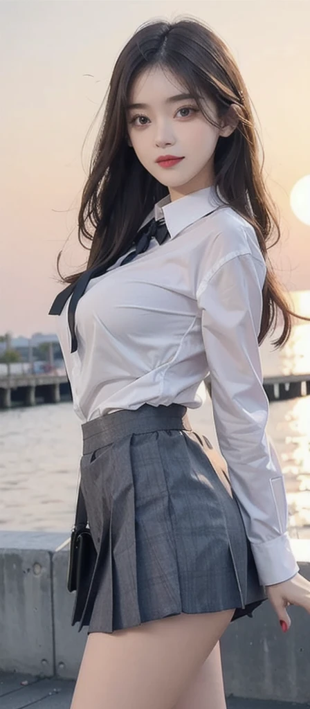 Gray background、pubic hair、Large Breasts、Thighs、Red lipstick、Curly Hair、Disheveled Hair、Cute woman、high school girl、White shirt、Checkered mile、Open chest shirt、Watching from behind、Butt、One Woman、Gazing at the sea、Looking from below、