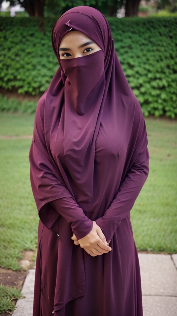 A beautiful Asian girl in a long hijab with tight and clearly visible breasts, With dark colored clothes, was Hugging herself , and good quality images