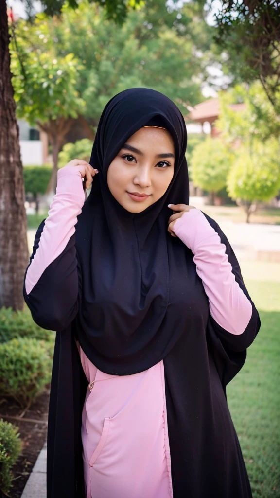 A beautiful Asian girl in a long hijab with tight and clearly visible breasts, With dark colored clothes, was Hugging herself  , and good quality images