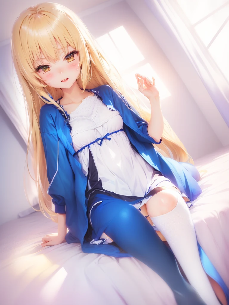 Anime girl sitting on the bed wearing a blue jacket, , Enchanting anime girl, Cute girl anime visuals, blonde anime girl with long hair, Cute anime waifu in a nice dress, Anime Best Girl, Attractive anime girl, , Young Anime Girl, Cute Anime Girl, Sit on the bed, Smooth anime CG art,Naughty expression,Ecstatic expression