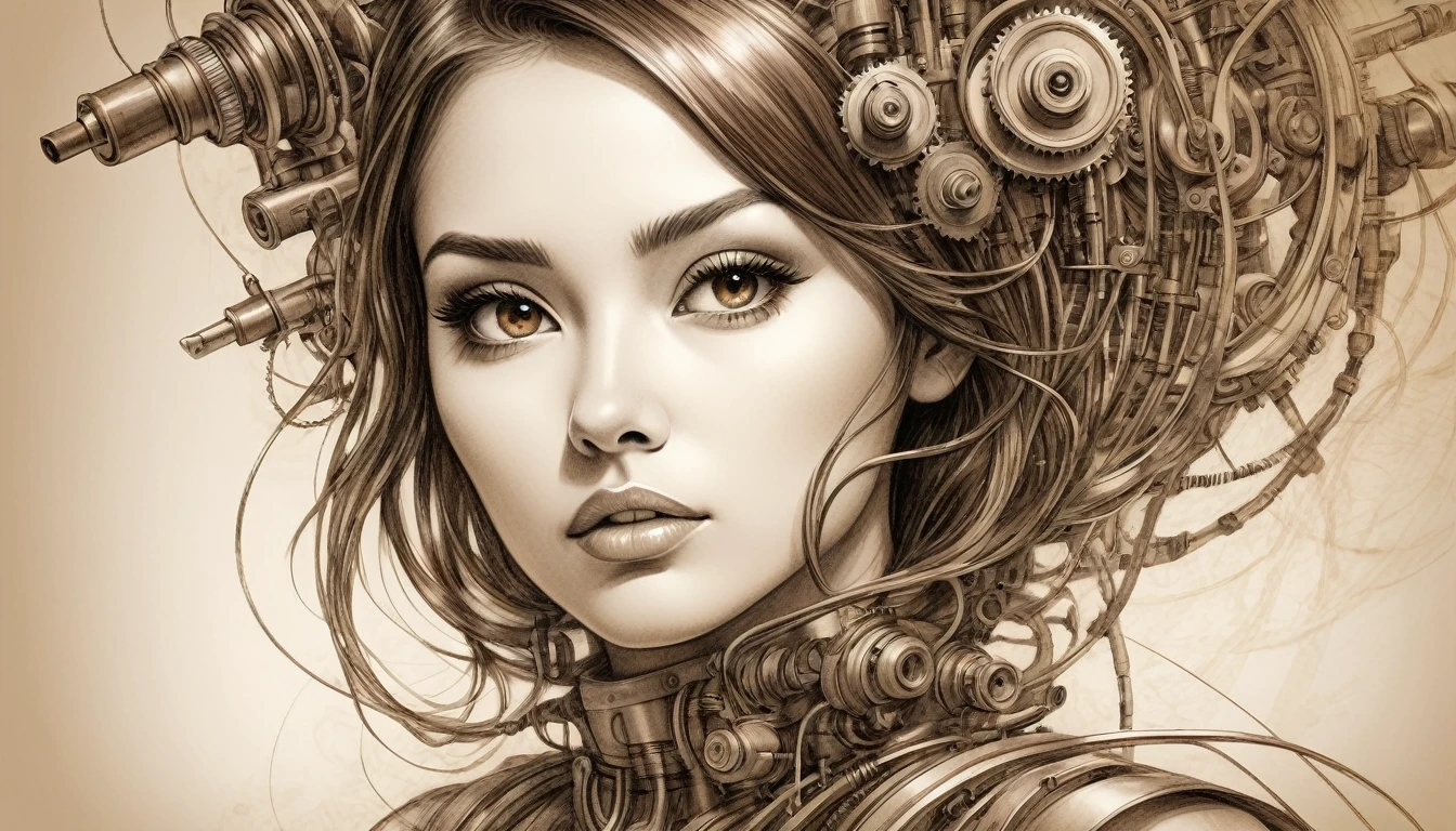 rough pencil art, beautiful woman made entirely of machinery, conceptual installation art, 2.5D, delicate and dynamic, contrast effects, gradation effects, filter effects, sepia effects, Illustration art, drawing art, graphic art