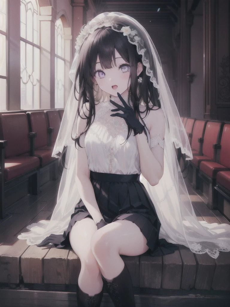 A girl,16 years old,Long hair, Bangs, black hair, Hair between the eyes, Purple Eyes:(1.5), (Medium breasts:1.2),
rest 锁骨, Wedding skirt,veil,wedding,Black skirt,Flowers,skirt,Black socks,Black knee socks,Black Gloves,Boots,cleveage,
Looking at the audience, whole body, open mouth,indoor, church,Everlasting,Everlasting,Micro lol,Close one eye,
rest (masterpiece:1.2), best quality, high resolution, 8k wallpaper, (illustration:0.8), (Beautiful and delicate eyes:1.6), Extremely detailed face, Perfect lighting, Extremely detailed CG, (Perfect hands, Perfect anatomical structure),