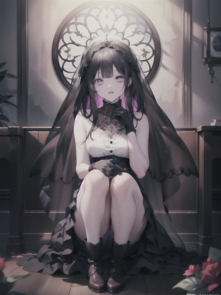 A girl,16 years old,Long hair, Bangs, black hair, Hair between the eyes, Purple Eyes:(1.5), (Medium breasts:1.2),
rest 锁骨, Wedding skirt,veil,wedding,Black skirt,Flowers,skirt,Black socks,Black knee socks,Black Gloves,Boots,cleveage,
Looking at the audience, whole body, open mouth,indoor, church,Everlasting,Everlasting,Micro lol,Close one eye,
rest (masterpiece:1.2), best quality, high resolution, 8k wallpaper, (illustration:0.8), (Beautiful and delicate eyes:1.6), Extremely detailed face, Perfect lighting, Extremely detailed CG, (Perfect hands, Perfect anatomical structure),