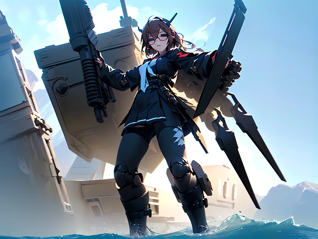 (((masterpiece, Vision))), ((((Full body of a woman with perfect flat chest、1 Female、solo、Short unkempt black hair、Tie your messy hair at the nape of your neck、white military jacket、Miko costume、black tights、Black glasses are black、White military cap、Cloudy black eyes、Confused eyes、Junyo-inspired emblem、Ship-style boots)))), (((Shipgirl))), ((Floating on the morning sea with both feet)), (Standing with your legs apart)), Aim, (Hold the shotgun turret grip with your right hand), (Four white mechanical dragons extend from its back.), (Holding a shotgun with metal tentacles), (Equipped with a bridge on the back), (Left arm holds the grip of a double-barreled shotgun),