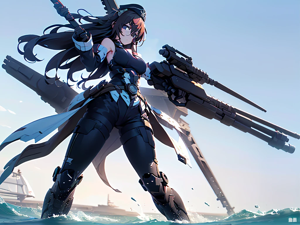 (((masterpiece, Vision))), ((((Full body of a woman with perfect flat chest、1 Female、solo、Short unkempt black hair、Tie your messy hair at the nape of your neck、white military jacket、Miko costume、black tights、Black glasses are black、White military cap、Cloudy black eyes、Confused eyes、Junyo-inspired emblem、Ship-style boots)))), (((Shipgirl))), ((Floating on the morning sea with both feet)), (Standing with your legs apart)), Aim, (Hold the shotgun turret grip with your right hand), (Four white mechanical dragons extend from its back.), (Holding a shotgun with metal tentacles), (Equipped with a bridge on the back), (Left arm holds the grip of a double-barreled shotgun),