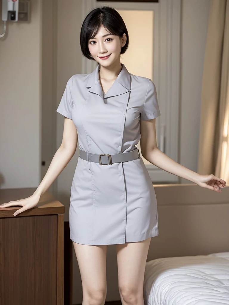 Highest quality、masterpiece、8k、Very detailed、Realistic、Looking at me with a smile、whole body、Black Hair、Short Hair、Small face、Slender、Very large breasts、Thin and beautiful legs、narrow and constricted waist,、(Tight nurse uniform:1.2)