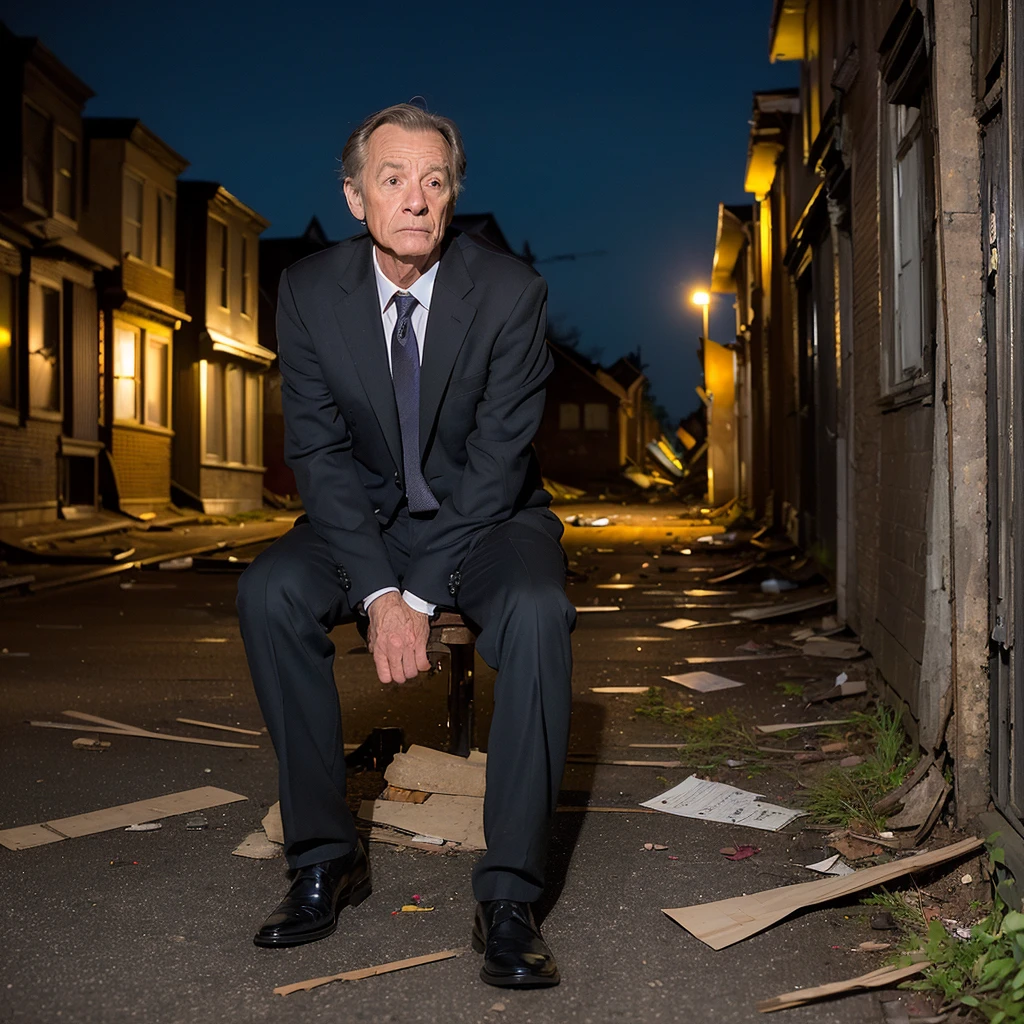 ((Highest quality)), ((masterpiece)), (detailed), One Man, Tired in my early 40s, Stubble, Black business suit, Dirty suit, night, bustling street, Alley, narrow street, (Darkness:1.5), (Sitting on the ground:1.5), (Walls of abandoned houses:1.5), (Leaning against the wall:1.5), (Looking down:1.5), (Term drooping:1.5), Drunk, Science fiction、Near future、