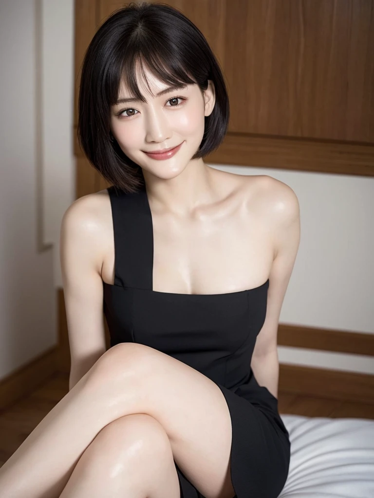 Highest quality、masterpiece、8k、Very detailed、Realistic、Looking at me with a smile、whole body、Black Hair、Short Hair、Small face、Slender、Very large breasts、Thin and beautiful legs、narrow and constricted waist,、(Tight reception uniform:1.2)