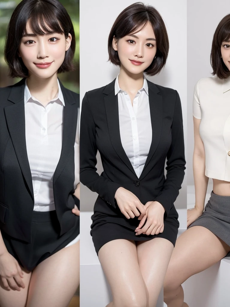 Highest quality、masterpiece、8k、Very detailed、Realistic、Looking at me with a smile、whole body、Black Hair、Short Hair、Small face、Slender、Very large breasts、Thin and beautiful legs、narrow and constricted waist,、(Tight reception uniform:1.2)