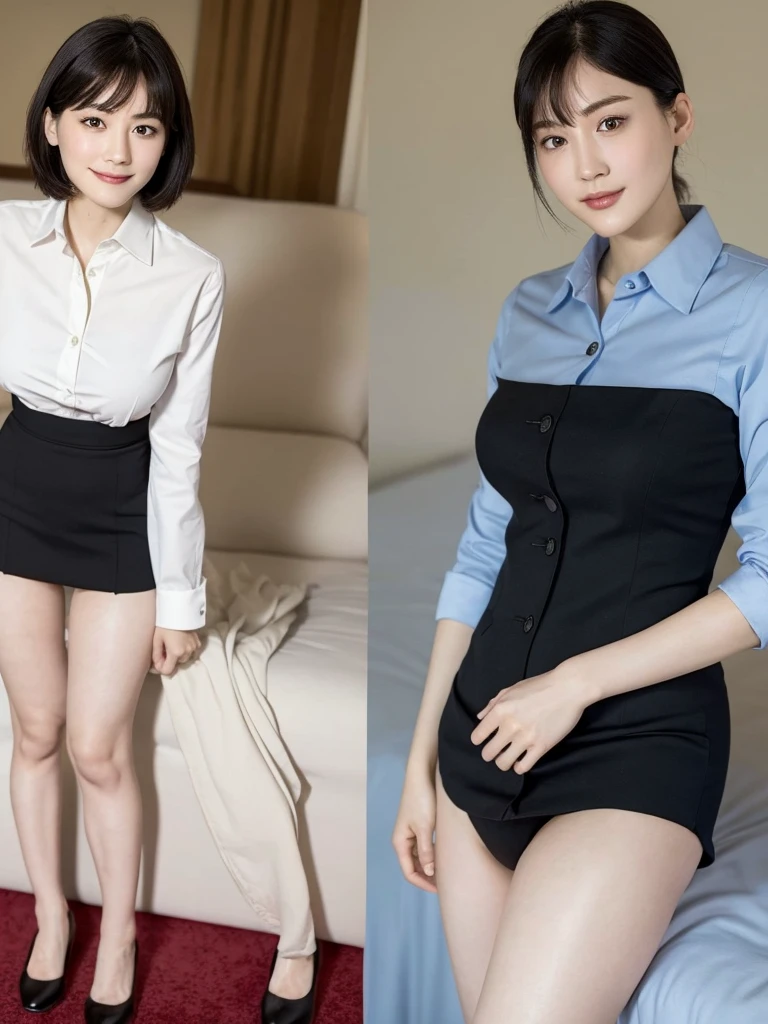 Highest quality、masterpiece、8k、Very detailed、Realistic、Looking at me with a smile、whole body、Black Hair、Short Hair、Small face、Slender、(Very large breasts:1.2)、Thin and beautiful legs、narrow and constricted waist,、(Tight reception uniform:1.2)