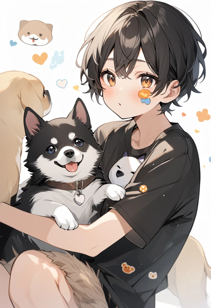 sticker, All black hair short-legged native dog, Lovely, puppy, , White background, 1dogs,There is some white hair on the chest,Light brown leg hair