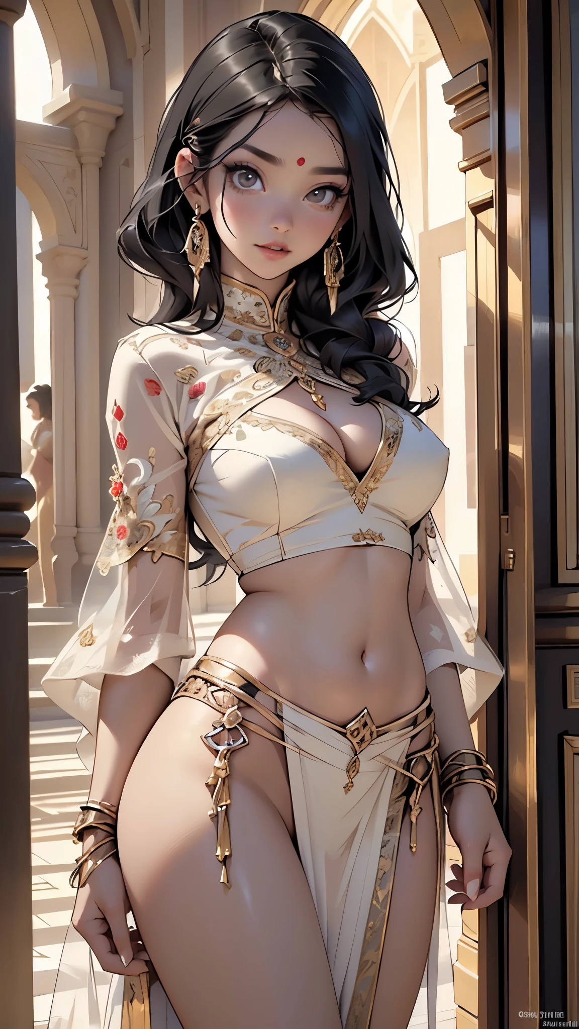woman,1female,((milf,mom,mature,mature woman,45 years old female,adult)),((((indian girl)))),
(large breasts:1.5),saggy breasts,(((black hair:1.4,dark hair,straight hair,long ponytail hair:1.4,colored inner hair))),(((silver_eyes:1.3))),intricate eyes,beautiful detailed eyes,symmetrical eyes,((((dark skin:1.4,lustrous skin:1.5,bright skin: 1.5,skin tanned,shiny skin,very shiny skin,shiny body,illuminated skin)))),(spider lower abdomen,narrow waist,wide hip,bimbo body,inflated legs,thick thighs),(((detailed face))),
(cute,slutty,sensual,seductive look,seductive,((erotic)),opulent,sumptuous,longingly,(nsfw)),
queen,goddess,fantasy,(arabian clothes, harem outfit, arabian dancing girl,belly dancer outfit,slave,leia slave outfit,jewelry,sheer loincloth, pelvic curtain, midriff, bracelets,),((eyeshadow,elegant makeup,eyelid makeup,gold lips,gold lipstick)),((Transparent cloth:1.1)), (((Sexy fur coat, fur coat outfit, wearing a fur coat:1.3,winter coat))),(arabian jewelry,intricate necklace),(((intricate outfit,intricate clothes,embroidered outfit,ornate outfit))),
(dynamic pose:1.0),embarrassed,(centered,scale to fit dimensions,Rule of thirds),
inside,indoor,((palace in Arabia, palace in Arabia background)),scenery:1.25,((intricate scenery)),
(Glossy winter ornaments),highres,sharp focus,(ultra detailed,extremely detailed),(photorealistic artwork:1.37),(extremely detailed CG unity 8k wallpaper),(((vibrant colors,vibrant theme))),(intricate),(masterpiece),(best quality),artistic photography,(photography taken by sldr),(intricate background),perfect rendered face,perfect face details,realistic face,photo realistic,((intricate detail)),(((realism))),