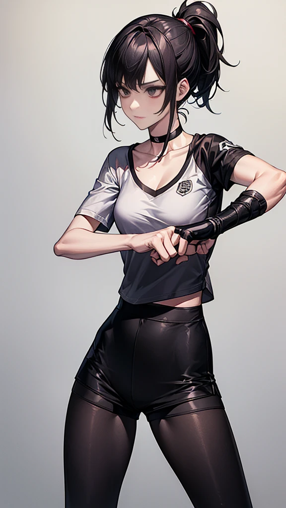 ((Highest quality)), ((masterpiece)), (detailed) {{{Slender female martial arts instructor}}} Shorts {{Décolletage}} White short sleeve T-shirt Mature Woman ((Combat Stance)) Long fingerless gloves Black tights {{Inside the dojo}} Black Hair ponytail ((Leggings with integrated shorts)) clavicle choker