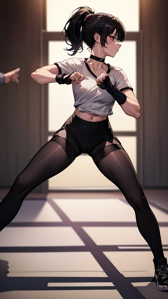 ((Highest quality)), ((masterpiece)), (detailed) {{{Slender female martial arts instructor}}} Shorts {{Décolletage}} White short sleeve T-shirt Mature Woman ((Combat Stance)) Long fingerless gloves Black tights {{Inside the dojo}} Black Hair ponytail ((Leggings with integrated shorts)) clavicle choker