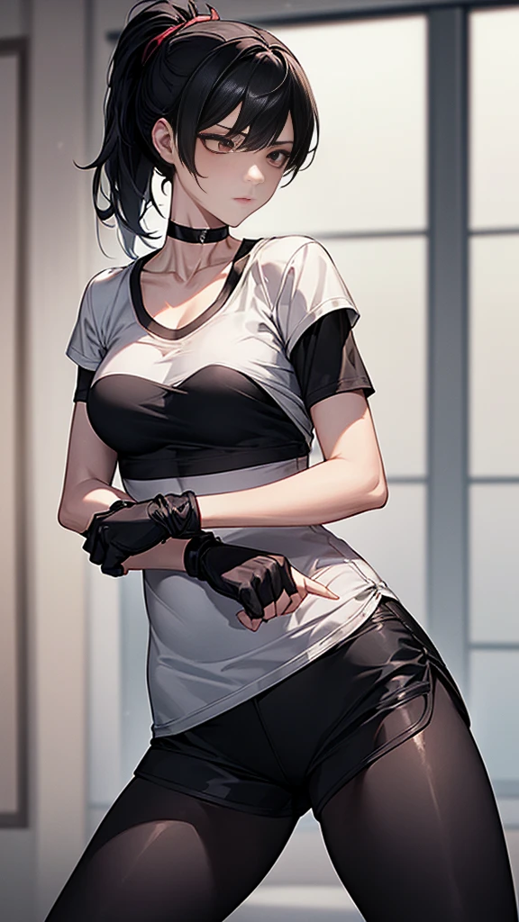 ((Highest quality)), ((masterpiece)), (detailed) {{{Slender female martial arts instructor}}} Shorts {{Décolletage}} {{White short-sleeved T-shirt with long length}} Mature Woman ((Combat Stance)) Long fingerless gloves Black tights {{Inside the dojo}} Black Hair ponytail ((Leggings with integrated shorts)) clavicle choker
