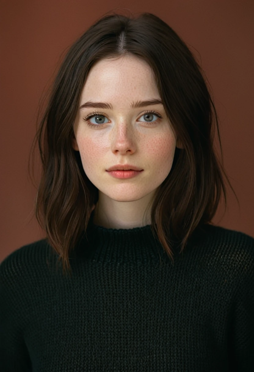 Depicts a young woman,Pale skin,Darker hair color,Slightly below the chin. Their eyes are light-colored, They have obvious freckles on their cheeks and noses.. Character looks directly at the viewer, Shows a neutral to slightly thoughtful expression, Tilt head slightly. They are wearing what looks like a dark sweater or top. The background is a solid color, Warm colors, The coral-like color contrasts beautifully with the subject's dark hair and pale skin tone., Focus on their faces and expressions.