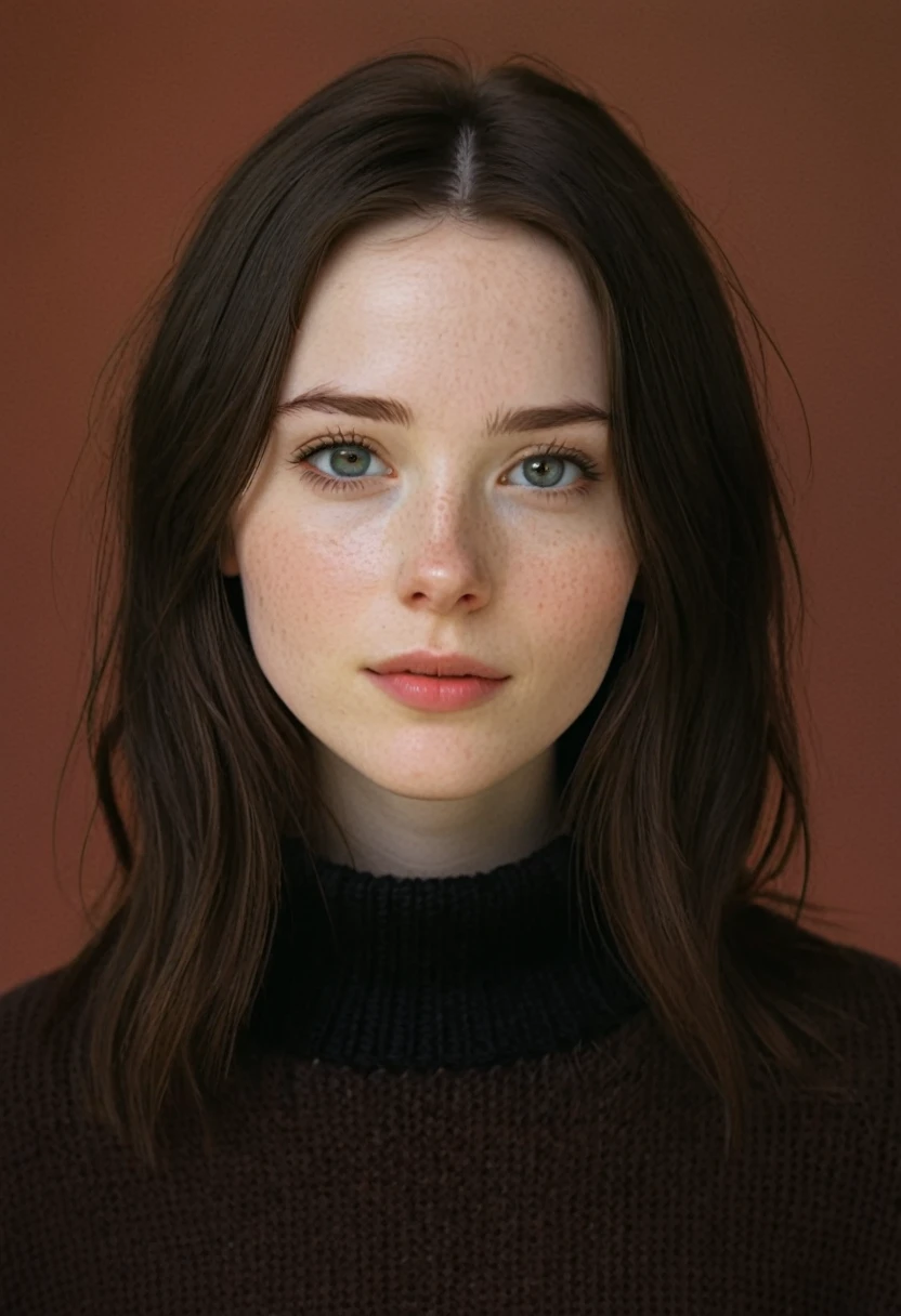 Depicts a young woman,Pale skin,Darker hair color,Slightly below the chin. Their eyes are light-colored, They have obvious freckles on their cheeks and noses.. Character looks directly at the viewer, Shows a neutral to slightly thoughtful expression, Tilt head slightly. They are wearing what looks like a dark sweater or top. The background is a solid color, Warm colors, The coral-like color contrasts beautifully with the subject's dark hair and pale skin tone., Focus on their faces and expressions.