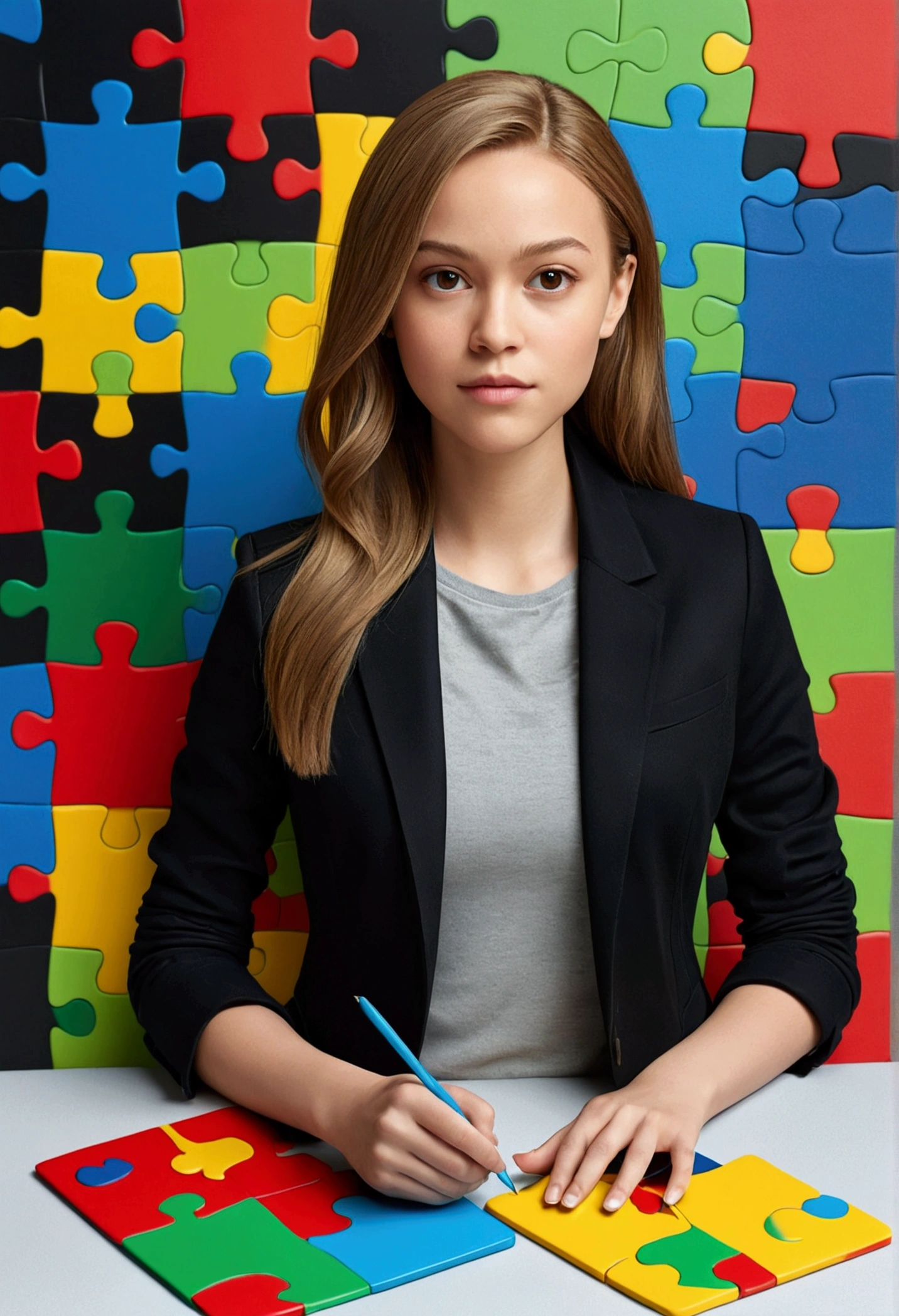 3D Pixar style poster. woman with light skin, very straight dark blonde HAIR, light brown eyes, black blazer, black jeans, gray shirt, white sneakers, notebook in hand, BACKGROUND WITH RED, blue, green and yellow PUZZLE.