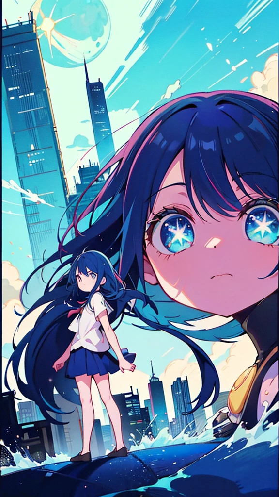 Blue-haired long hair，Design clothing，Seven-doppelganger shot，Anime style 4K，Anime girl with teal hair，High quality anime art style，Standing painting，Splash ink background，Blue Themes、Pure white background,Buildings,Face close-up,Buildings,Moon and sun、Long legs, Shining Star々,milky way,Bright Sky,Looking at me,Facing forward,Clear eyes and nose,cute,beautiful,Thin legs