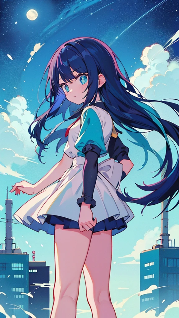 Blue-haired long hair，Design clothing，Seven-doppelganger shot，Anime style 4K，Anime girl with teal hair，High quality anime art style，Standing painting，Splash ink background，Blue Themes、Pure white background,Buildings,Face close-up,Buildings,Moon and sun、Long legs, Shining Star々,milky way,Bright Sky,Looking at me,Facing forward,Clear eyes and nose,cute,beautiful,Thin legs