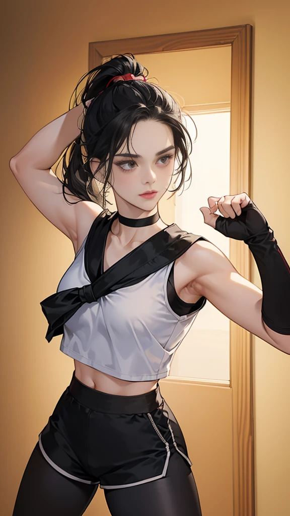 ((Highest quality)), ((masterpiece)), (detailed) {{{Slender female martial arts instructor}}} Shorts {{Décolletage}} White short sleeve T-shirt Mature Woman ((Combat Stance)) Long fingerless gloves Black tights {{Inside the dojo}} Black Hair ponytail ((Leggings with integrated shorts)) clavicle Choker Armpit