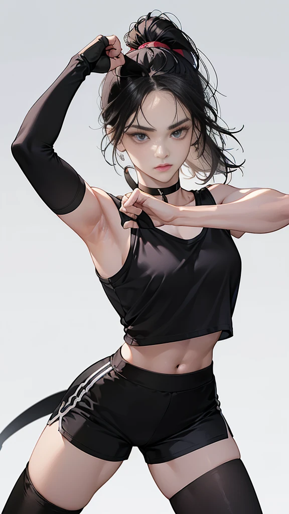((Highest quality)), ((masterpiece)), (detailed) {{{Slender female martial arts instructor}}} Shorts {{Décolletage}} White short sleeve T-shirt Mature Woman ((Combat Stance)) Long fingerless gloves Black tights {{Inside the dojo}} Black Hair ponytail ((Leggings with integrated shorts)) clavicle Choker Armpit