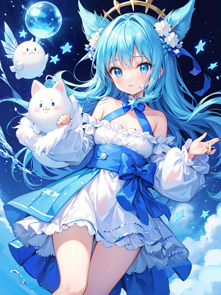 Absurd、Unreal、Mascot character、Blue and white star fairy、fluffyでマルっとしてかわいい、a mysterious creature、fluffy、