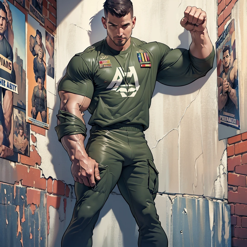 32k, high quality , detailed face , detailed hands , detailed muscles , stephen amell standing and posing as a military man ,standing with spread legs, showing his muscles and bulge , ((background brick wall with lot of army posters ))