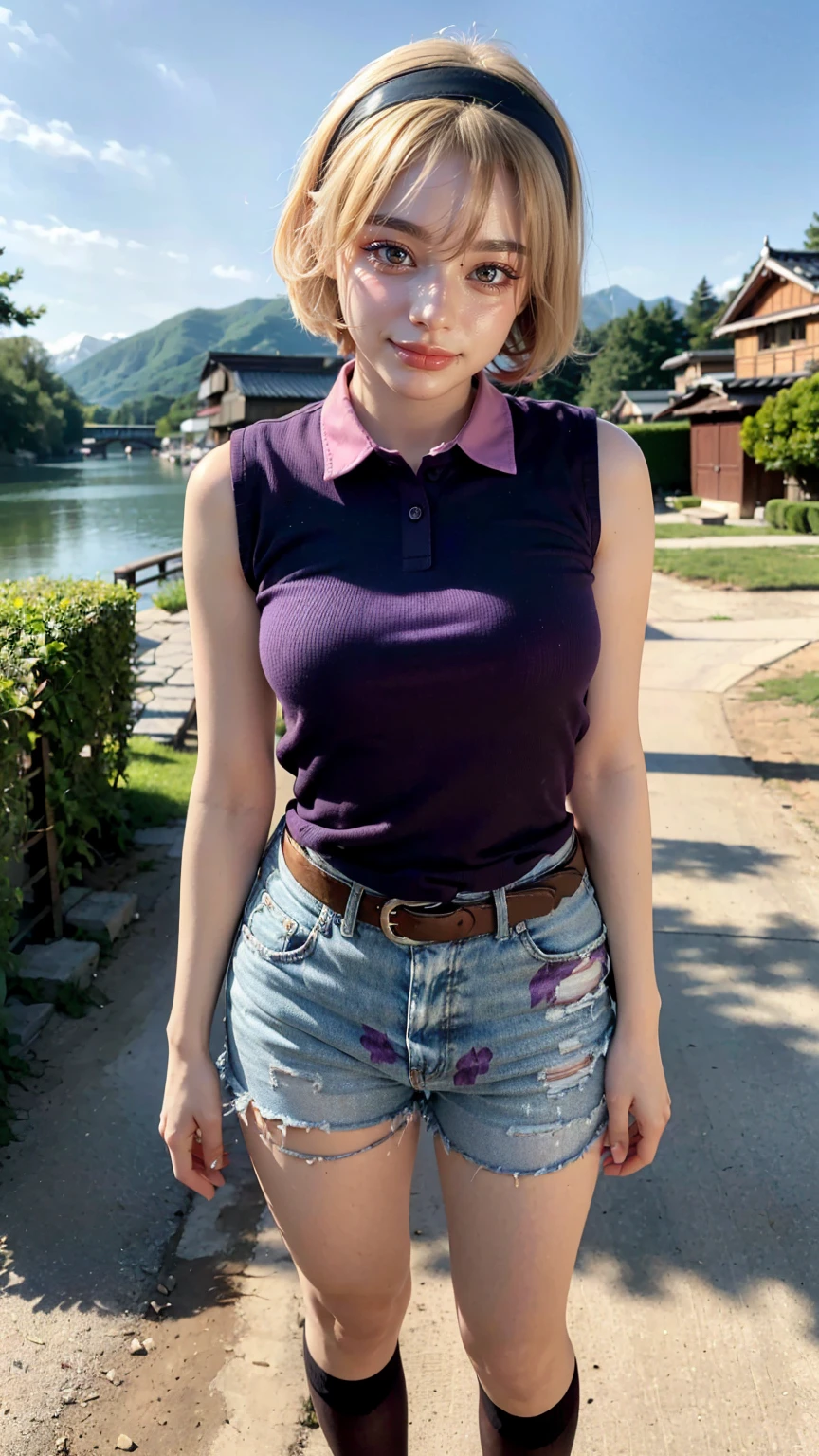 1 woman, grown woman, woman in her 30s, tarankaaa, NOT DASHA TARAN, full body standing, perfect body, best quality, 32k, photograph, full body (head to toe), tone mapping, ((houjou satoko,short hair,black hairband,blonde hair,violet eyes,hair between eyes,collared shirt,sleeveless shirt,pink shirt,shirt tucked in,mid sized breasts,belt,short shorts,blue shorts,white socks,pink footwear, athletic, big woman)), asian-european, ((golden blonde hair, short hair, purple eyes)) perfectly drawn hands, ((masterpiece)), ((highres)), ((detailed background)), japanese village background, next to a river, (big proportions), cute pose, smiling, ((perfect eyes, detailed eyes, realistic eyes)), ((sharp face, detailed face, realistic face, natural skin, realistic skin, detailed skin, pores)),