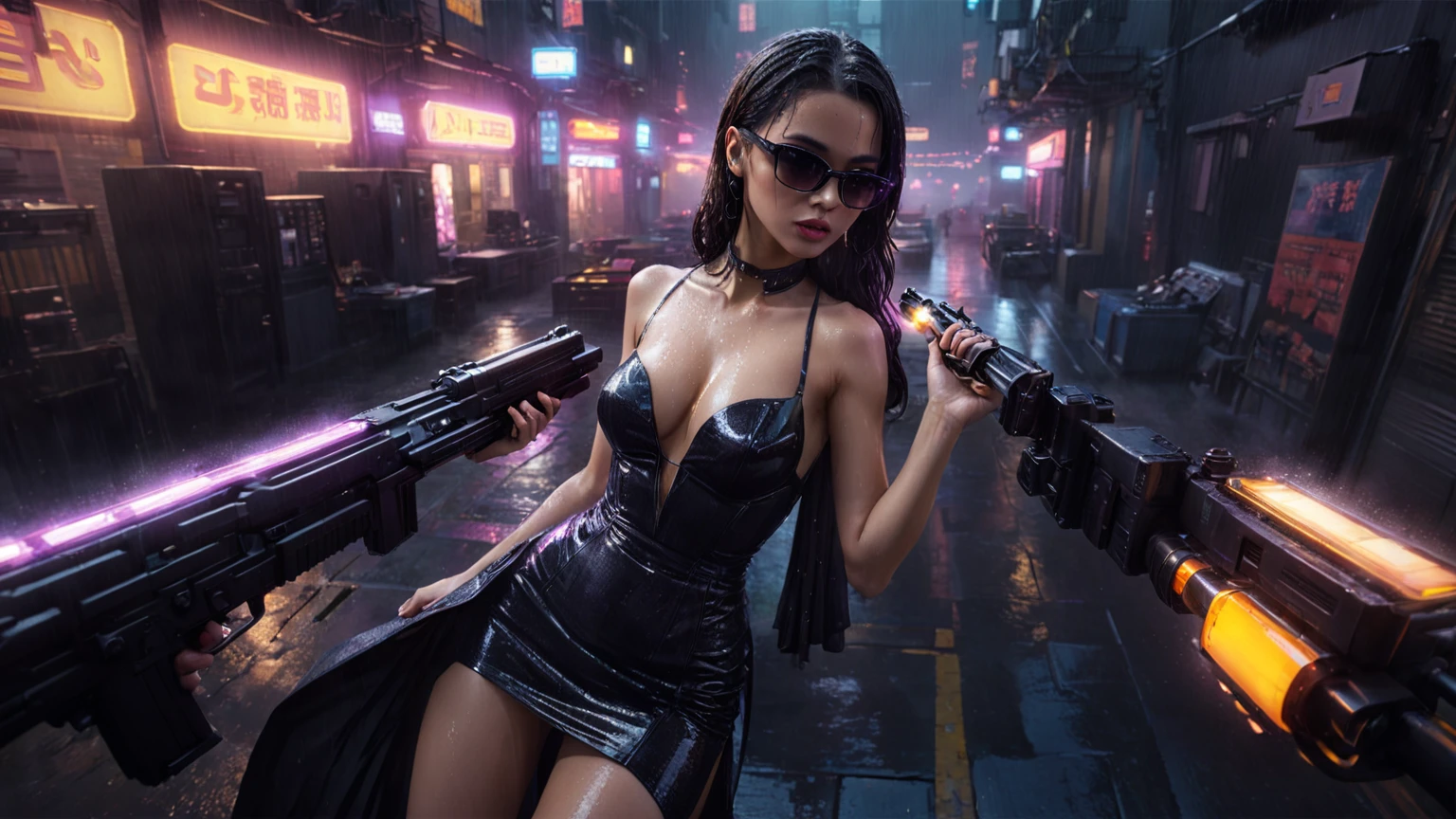 (((aerial view))), (flying cars docking platform), Blade Runner style futuristic city alley, neon lights, rainy night. (1girl, solo, alone), large-breast:1.2 slim body, cleavage:1.1, sexy wind blowing wet dress:1.4, headphone, (black sunglasses), (((she raised a pistol:1.8 and shot:1.8 the viewer))), dynamic pose, (((half-body thigh level medium shot))), cinematic lighting, lens flare, ray tracing, vortex blurred:1.4 background.