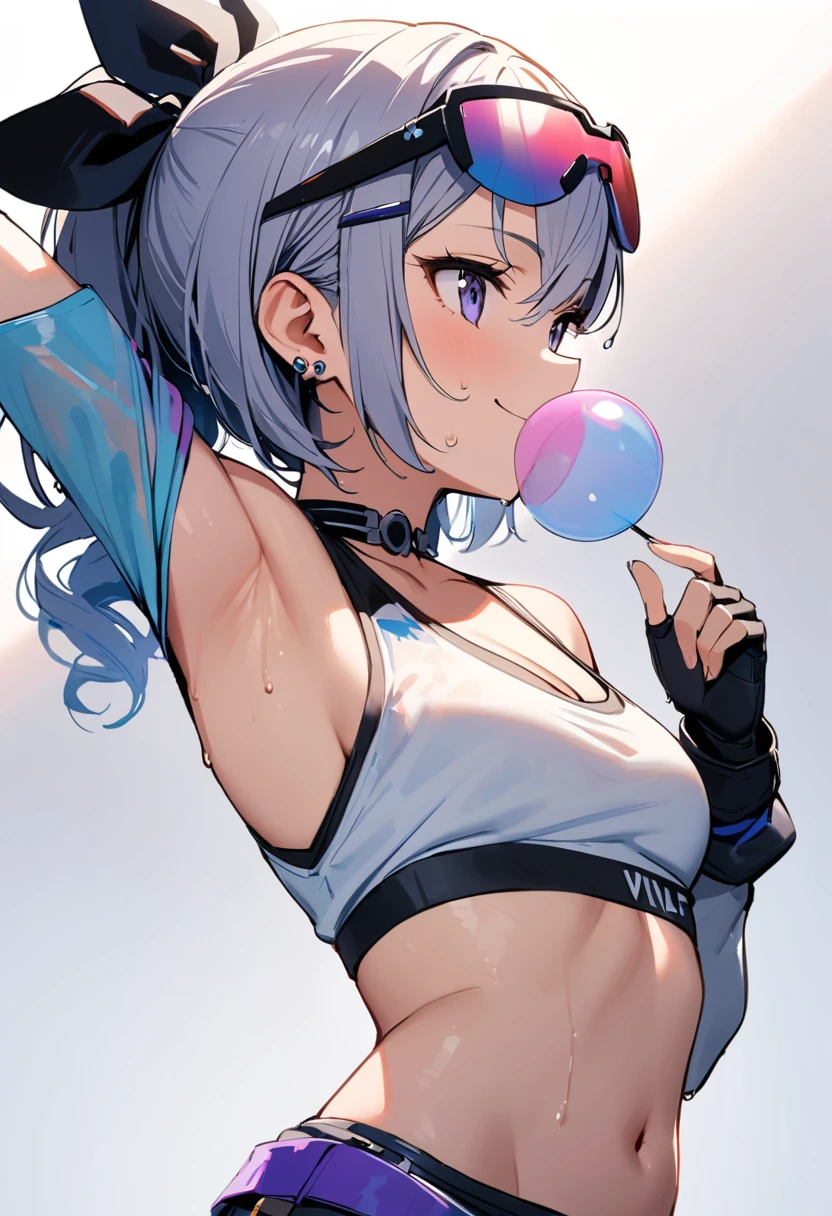 (masterpiece:1.2),Highest quality,Pixiv ,One girl,alone,View your viewers,smile,White background only,whole body,From the side,One knee,,Look to the side、white background only,silverwolf,shirt, hair ornaments, gloves, Cleavage, bare shoulders, jewelry, Medium chest, Jacket, Hair Ribbon, white shirt, Earrings, Open clothes, No sleeve, choker, black gloves, Hair Clip, fingerless gloves, Underarms, off shoulder, open Jacket, Crop top, No sleeve shirt, sunglasses, Wear glasses on your head, Bubble Blowing, chewing gum,Young girl,shoulder,Upper Body,hand holding Jacket,sweating,Heavy breathing,vapor,open Jacket,greasy shoulder,From below,Looking down,Inverted hair,Underarm,((greasy Underarm)),From the side, shoulder focus,Wet clothes,((Underarm focus)),bare shoulder,((Backlight)),((smooth Underarm)),、No background