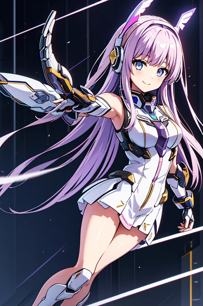 mecha wings、White Skirt、Accentuated thighs、chest、Light purple hair、1 girl、solo girl、IS、Frame Arms Girl、Alice Gere Aegis、Black and yellow armor、Pink Line、income、headphone、hand on own chest、smile