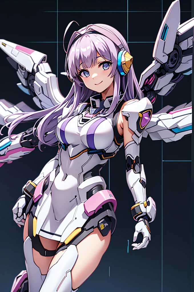 mecha wings、White Skirt、Accentuated thighs、chest、Light purple hair、1 girl、solo girl、IS、Frame Arms Girl、Alice Gere Aegis、Black and yellow armor、Pink Line、income、headphone、hand on own chest、smile