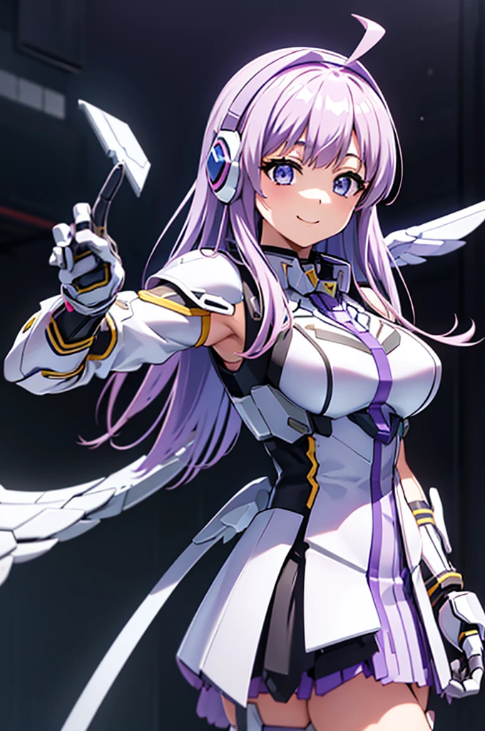 mecha wings、White Skirt、Accentuated thighs、chest、Light purple hair、1 girl、solo girl、IS、Frame Arms Girl、Alice Gere Aegis、Black and yellow armor、Pink Line、income、headphone、hand on own chest、smile