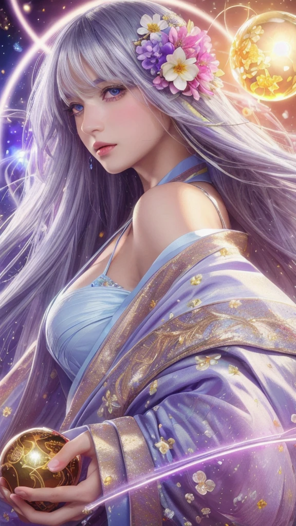 (masterpiece:1.3), (8k, photorealistic, raw photo, highest quality:1.4), (one girl), beautiful face, (realistic face), (long hair), (silver hair, near white hair, shiny hair, beautiful straight hair), (even bangs), (sharp bangs), straight hairstyle, realistic eyes, beautiful detailed eyes (purple eyes), (sharp eyes), (realistic skin), beautiful skin, (kimono), (magician's kimono), (flower hair ornament), attractive, ultra high resolution, ultra realistic, highly detailed, golden ratio, colorful background, (flowers blooming), (energy dancing background), magician, facing forward, facing from shoulders, looking straight ahead, both shoulders facing towards you, holding crystal ball, (heart crystal ball, love crystal ball).