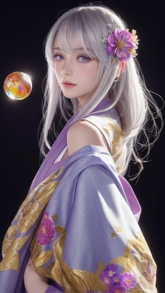 (masterpiece:1.3), (8k, photorealistic, raw photo, highest quality:1.4), (one girl), beautiful face, (realistic face), (long hair), (silver hair, near white hair, shiny hair, beautiful straight hair), (even bangs), (sharp bangs), straight hairstyle, realistic eyes, beautiful detailed eyes (purple eyes), (sharp eyes), (realistic skin), beautiful skin, (kimono), (magician's kimono), (flower hair ornament), attractive, ultra high resolution, ultra realistic, highly detailed, golden ratio, colorful background, (flowers blooming), (energy dancing background), magician, facing forward, facing from shoulders, looking straight ahead, both shoulders facing towards you, holding crystal ball, (heart crystal ball, love crystal ball).